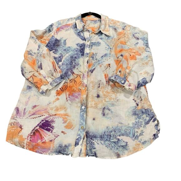 Chicos Womens Linen Watercolor Print Button Up Shirt L Artsy Vacation Boho READ - Picture 6 of 6
